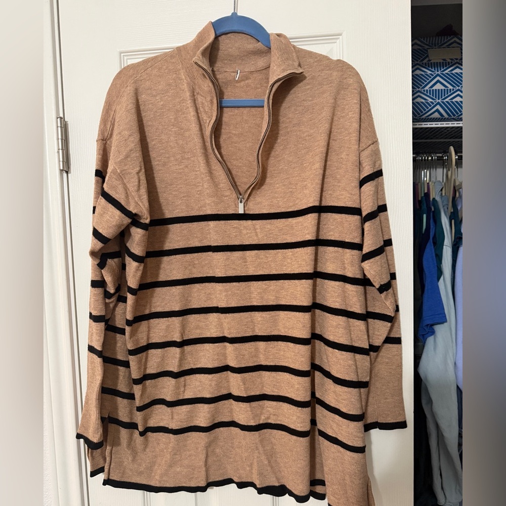 Striped Tan and Black Quarter-Zip Sweater